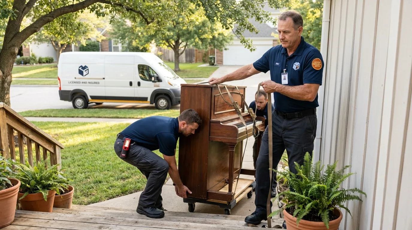 Licensed piano movers securing grand piano in Zion, IL
